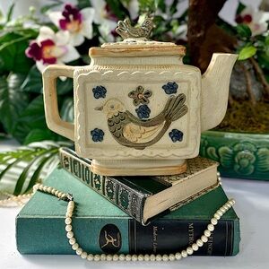 Folk Art Bisque Teapot with Bird Motif